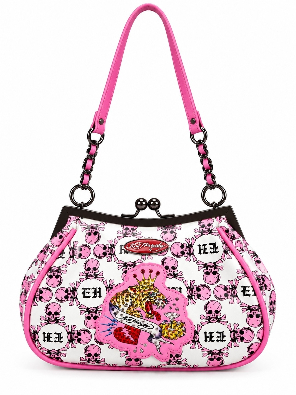 Ed Hardy Hollis Pink Skull Rhinestone Kiss Lock Shoulder Bag Y2K Icon - NWT